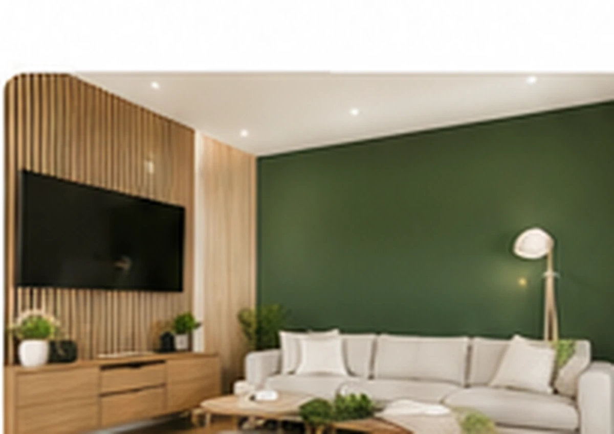 Salon rénové avec mur vert et boiseries